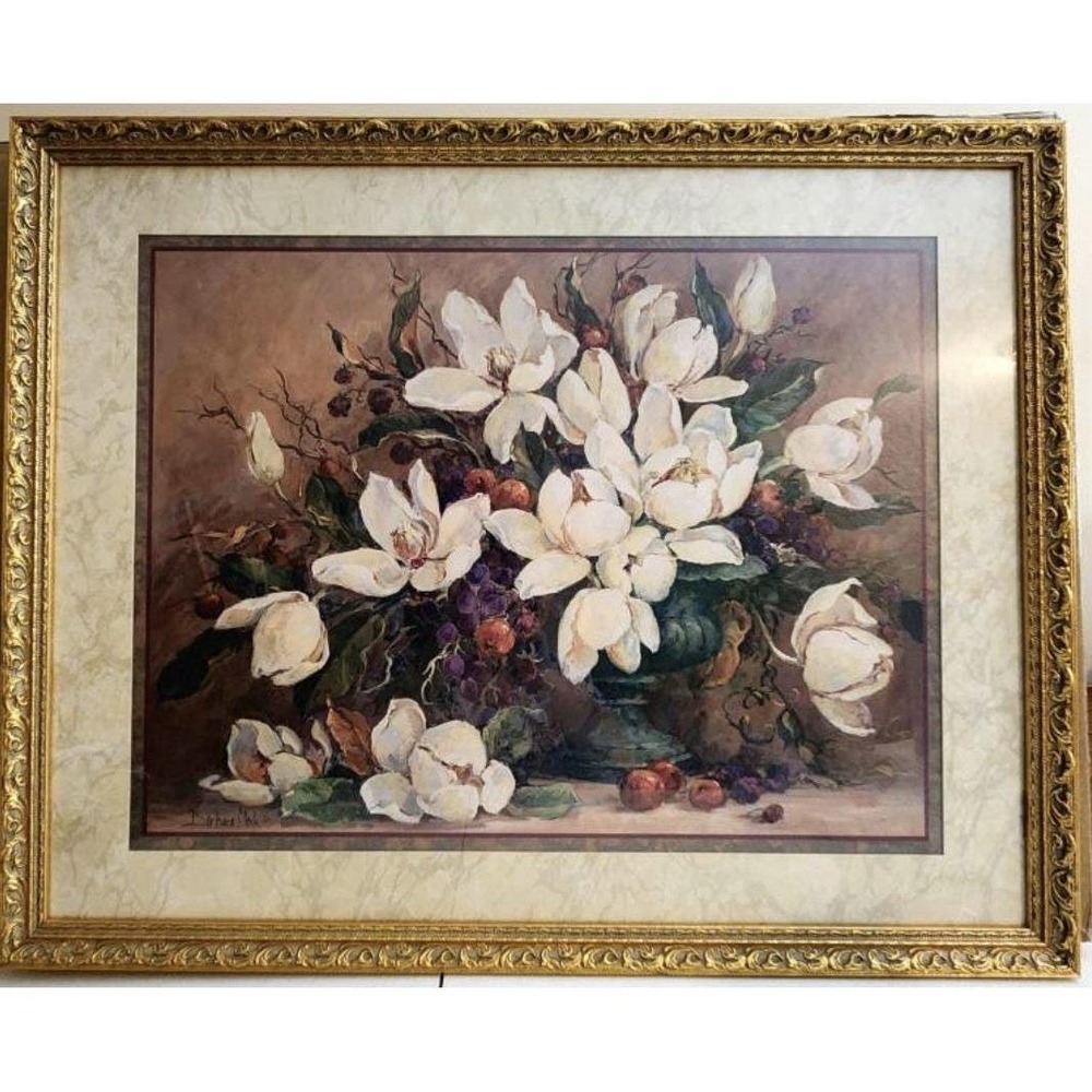 Vintage Barbara Mock Magnolia Floral‎ Print Gold Frame Home Interiors Wall Art